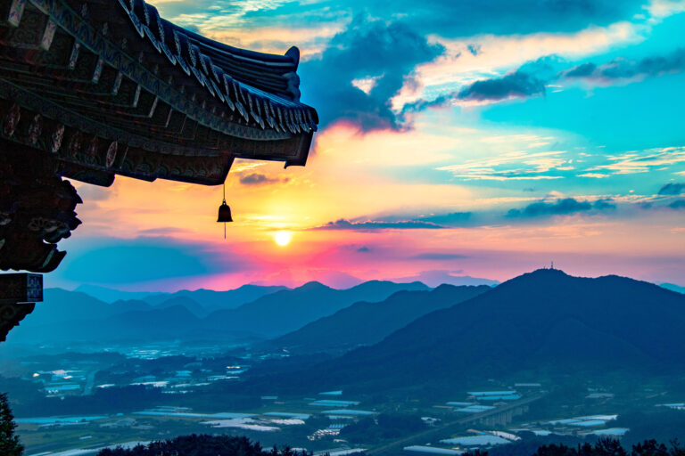 Sunrise with Korean traditional temple