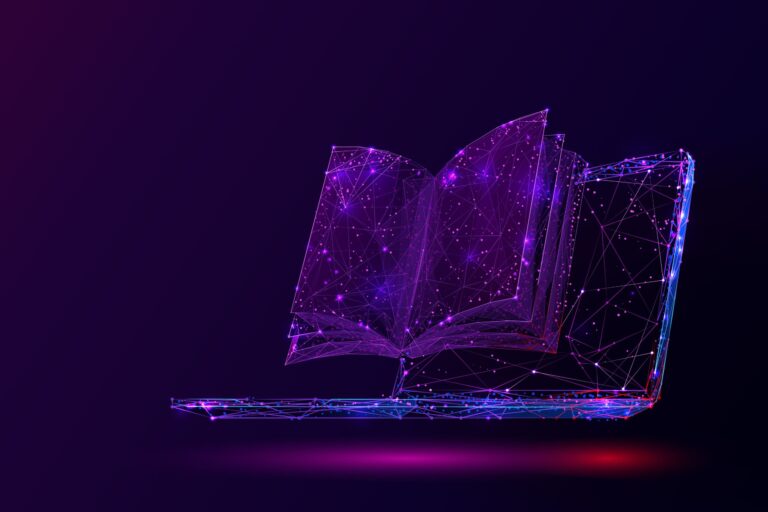 Laptop and book low poly vector illustration